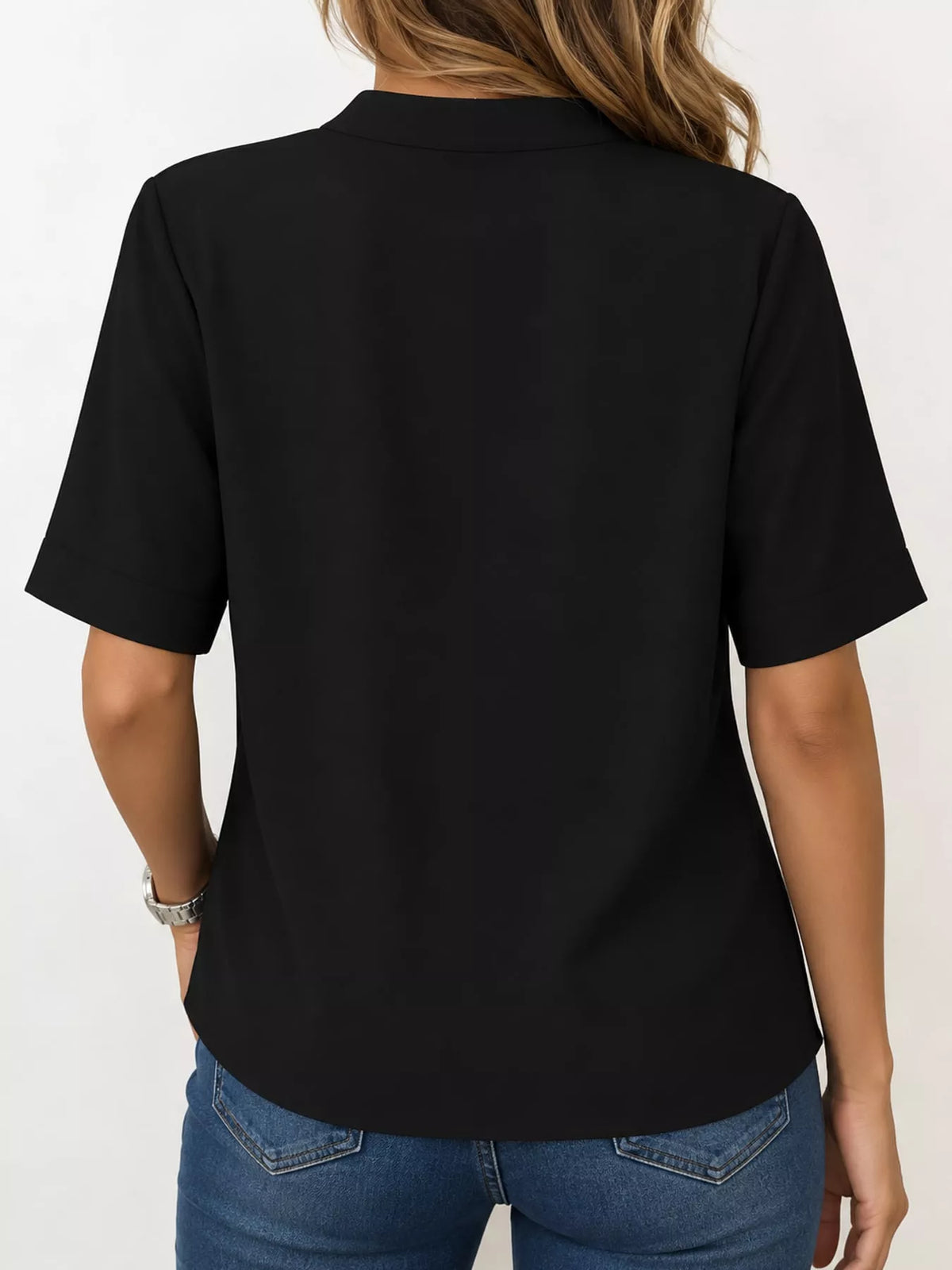 Full Size Notched Short Sleeve Blouse Plus Size - Black - View 8