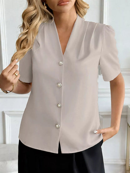 V-Neck Button-Down Shirt - Apricot - View 2