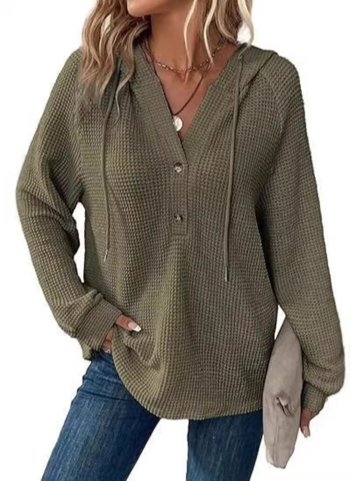 Full Size Waffle Knit Half-Button Hoodie Plus Size - Green - View 9