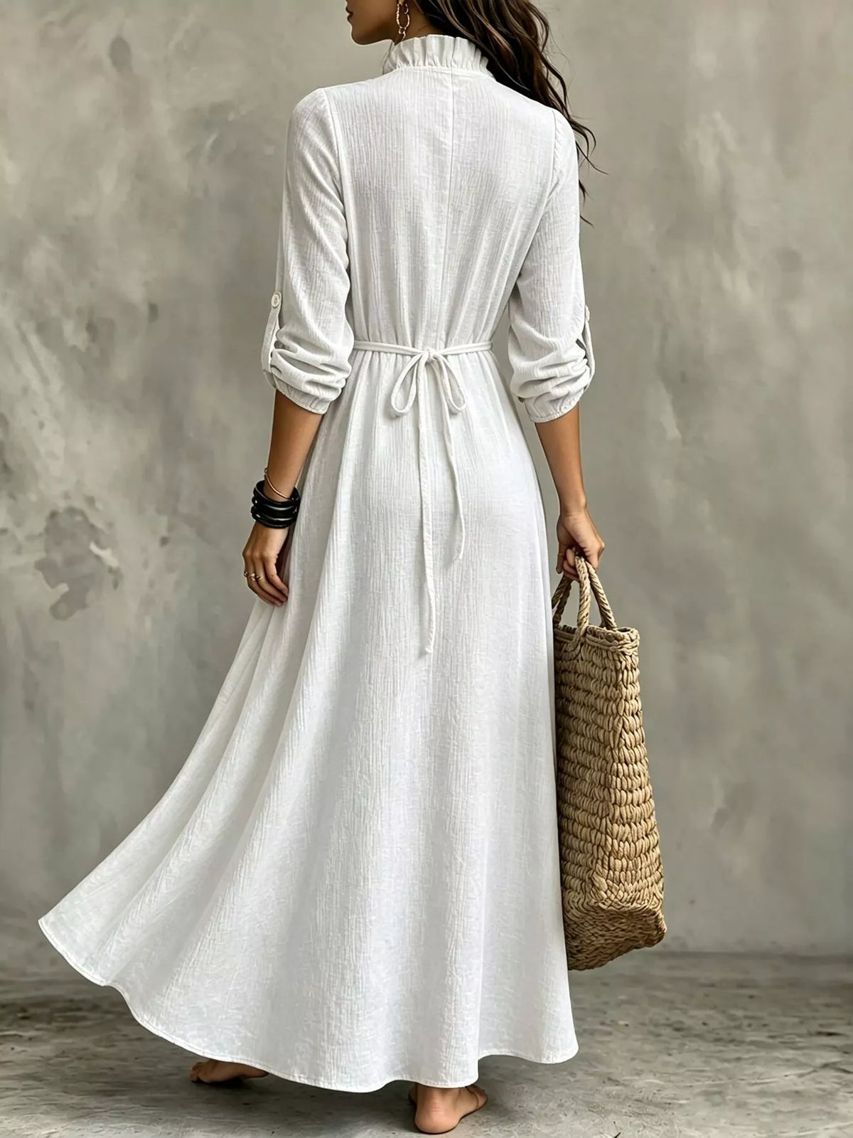 Full Size V-Neck Maxi Dress with Roll-Up Sleeves Plus Size - White - View 2