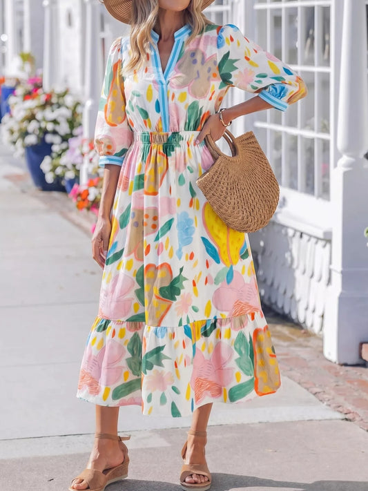Multicolour Floral Doodle Print Striped Trim V Neck Midi Dress - product photo 1