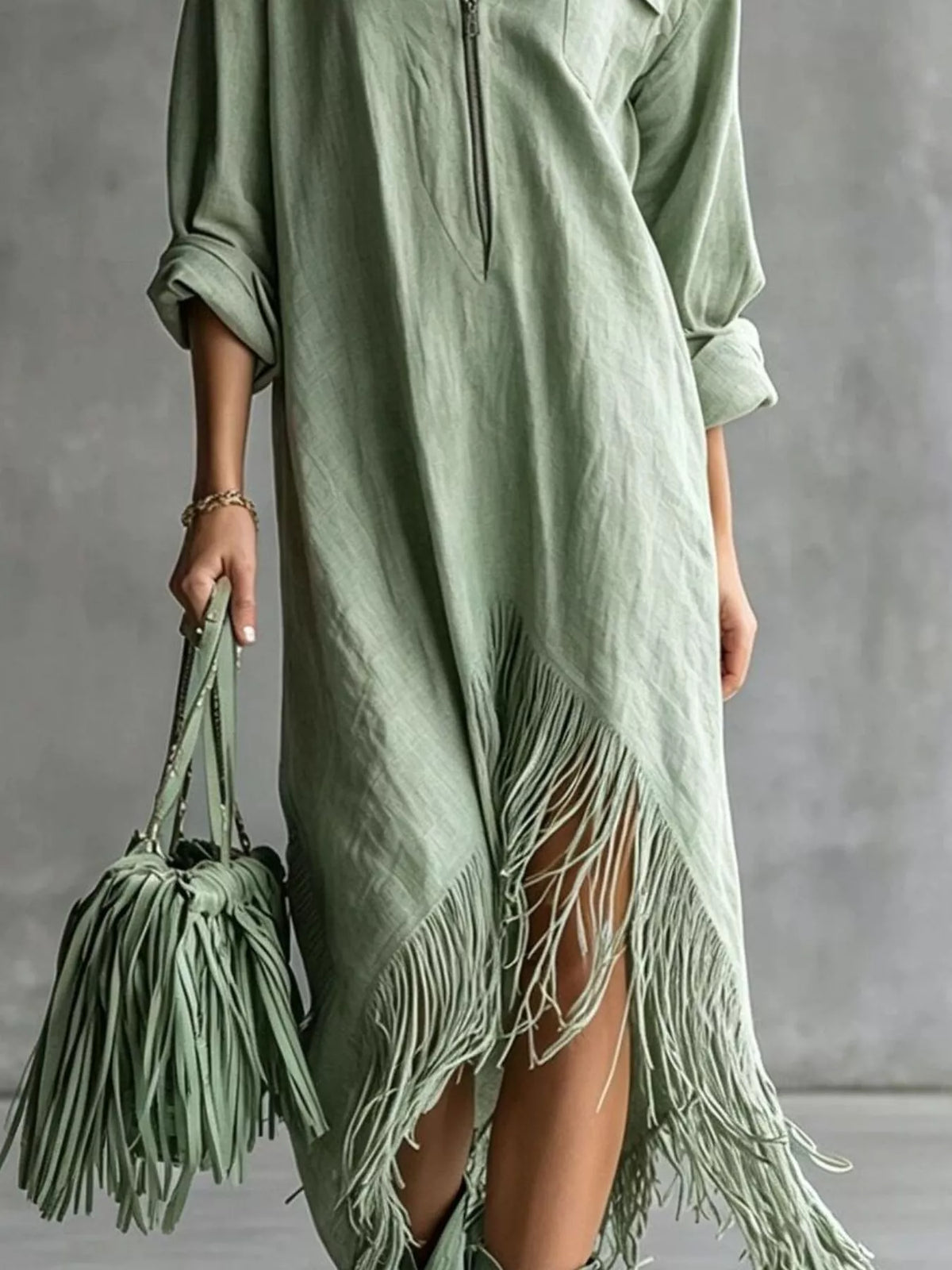Zipper-Front Fringe Hem Midi Dress - Sage - View 2
