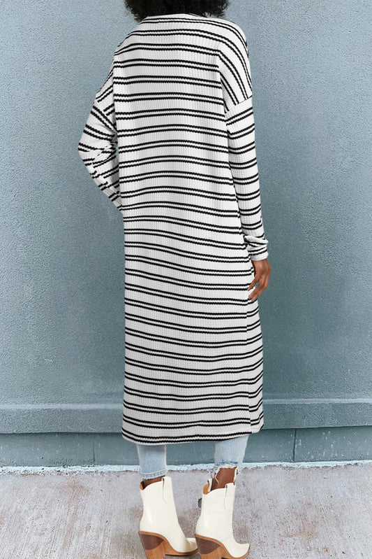 Black Stripe Print Open Front Duster Cardigan - Black Stripe - 2