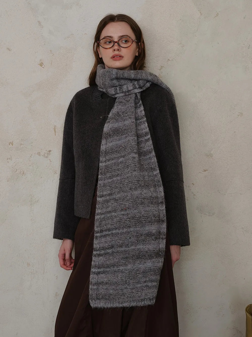 Striped Detail Knit Scarf - Dark Gray - View 11