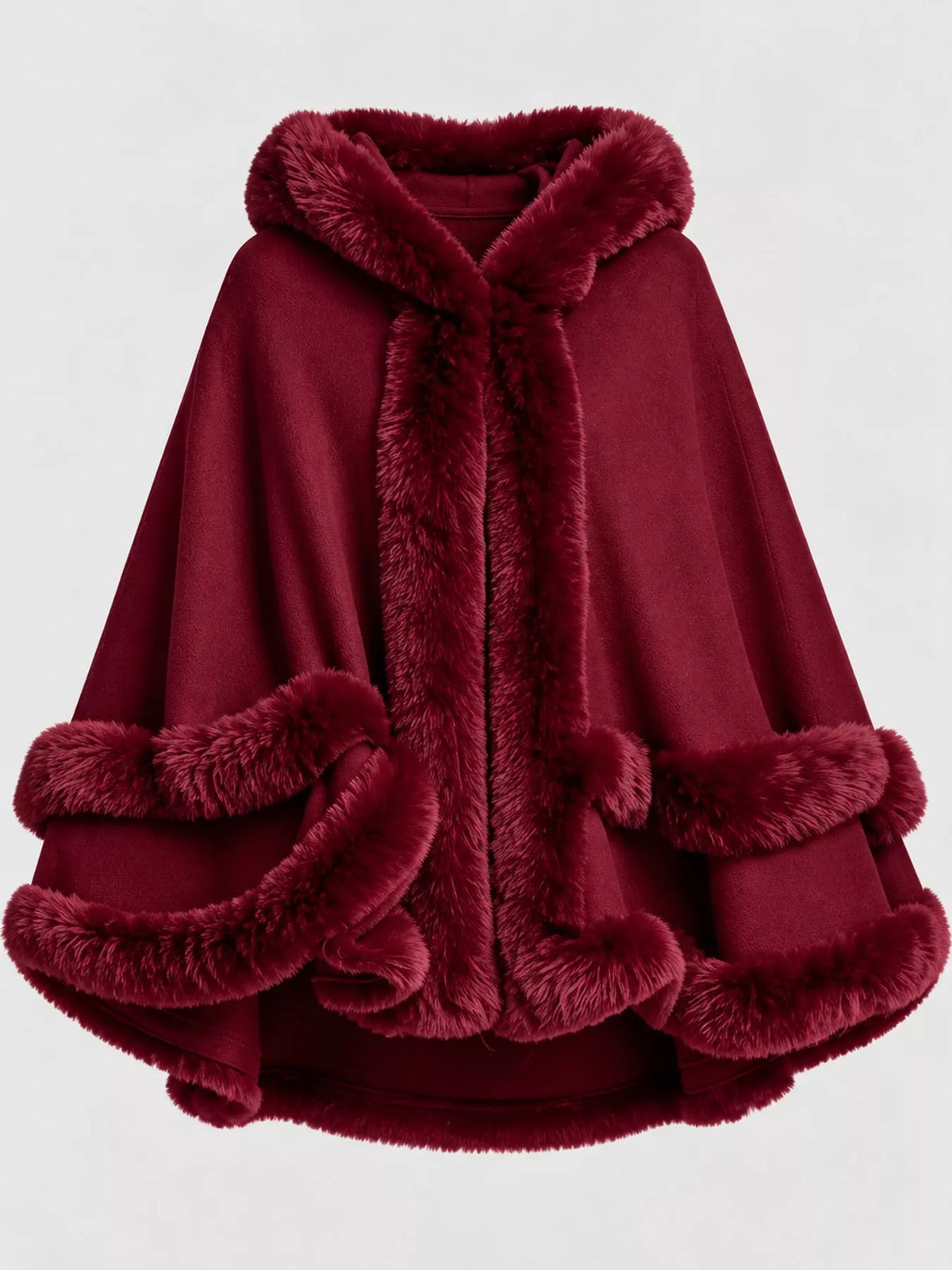 Faux Fur Trimmed Hooded Cape - Burgundy - View 22