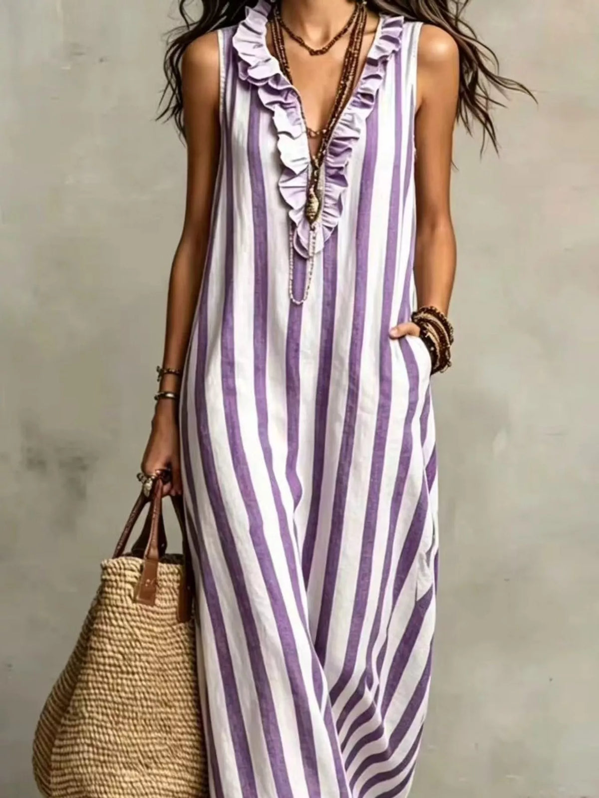 Full Size Sleeveless Striped Ruffle V-Neck Maxi Dress Plus Size - Purple - View 2