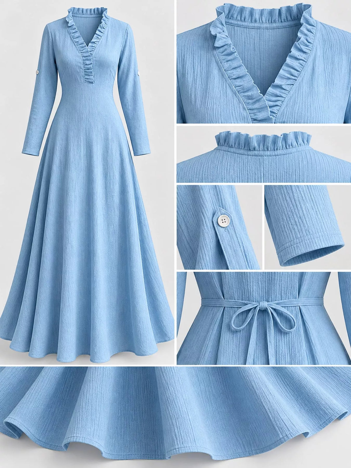 Full Size Frill Roll-Up Sleeve Maxi Dress Plus Size - Sky Blue - View 37