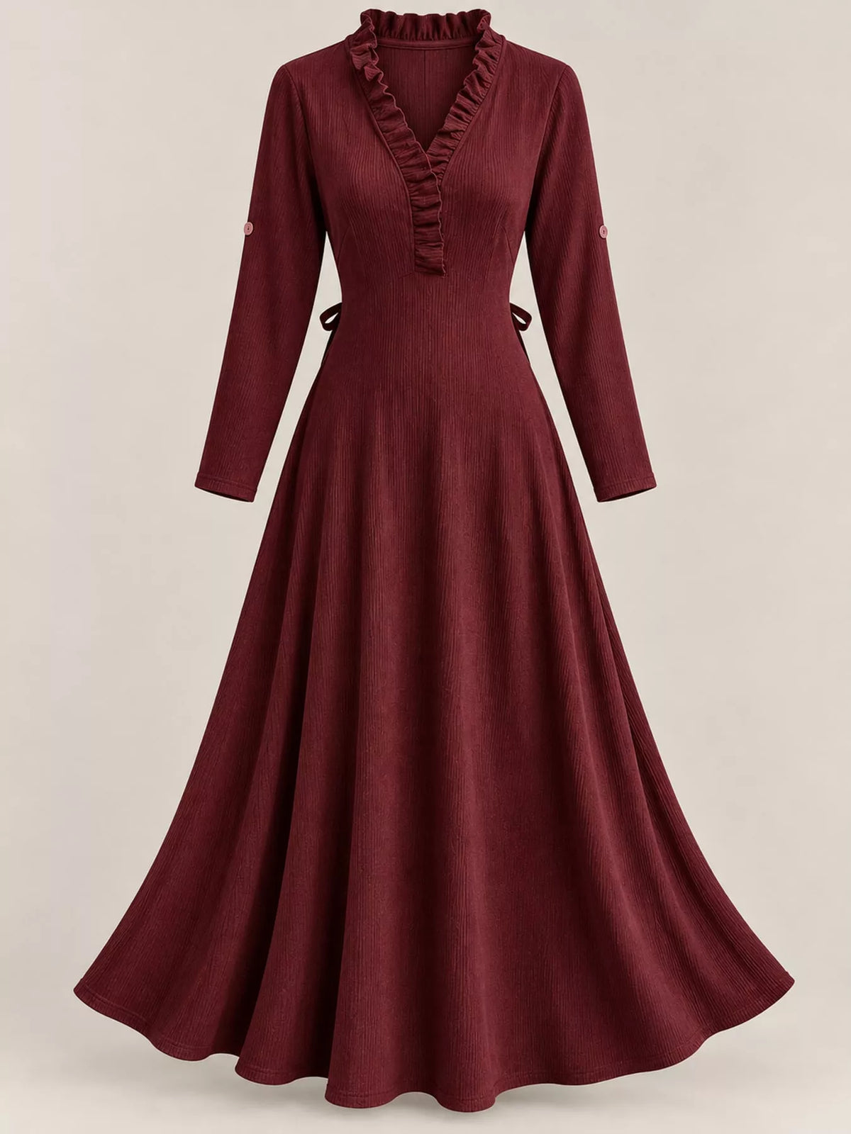 Full Size Frill Roll-Up Sleeve Maxi Dress Plus Size - Wine Red - View 17