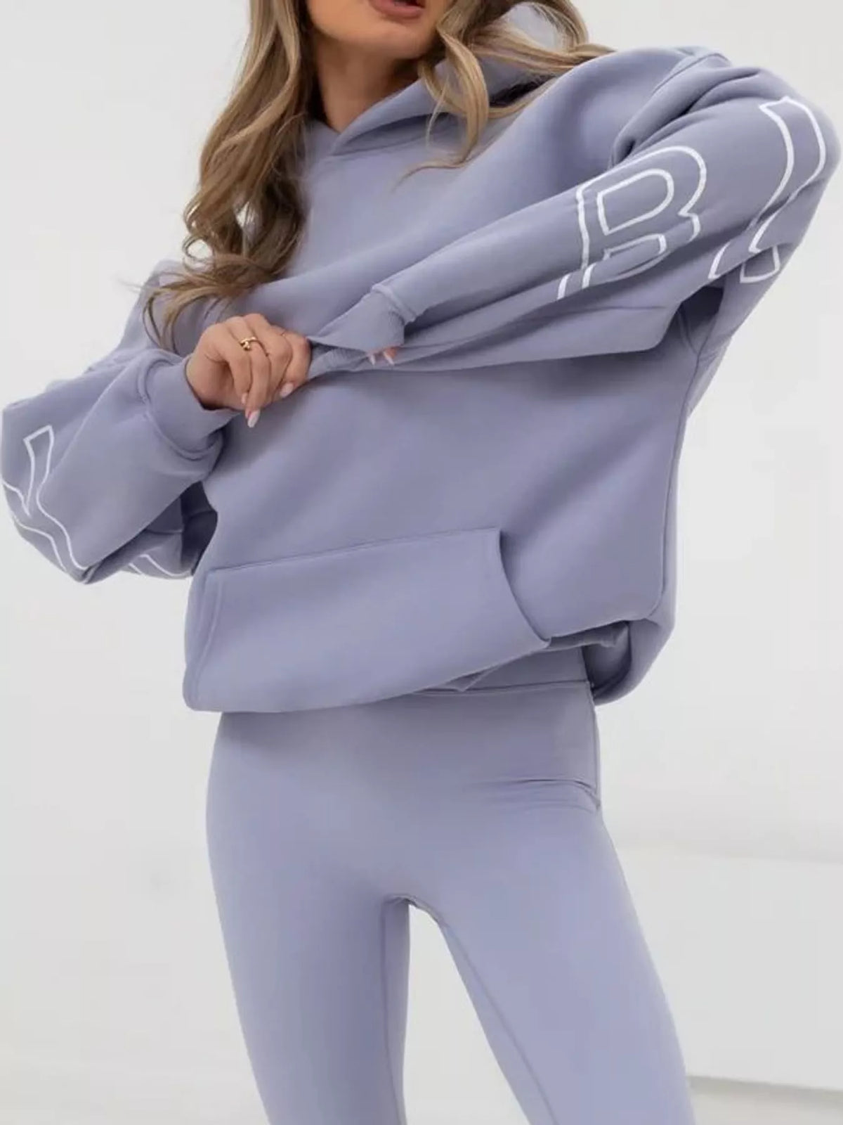 Letter Back Hoodie with Kangaroo Pocket - Lavender - View 14
