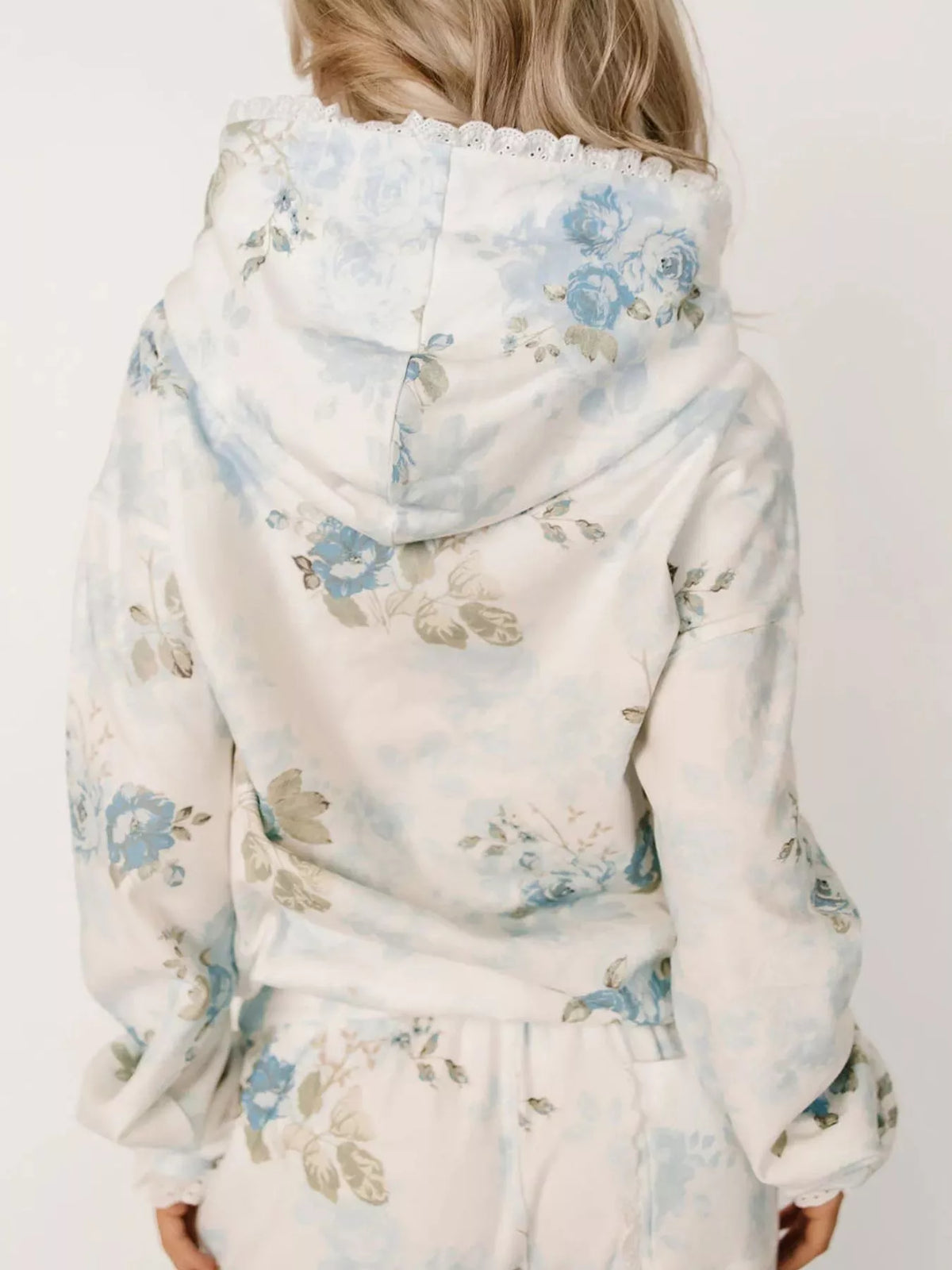 Lace Trim Kangaroo Pocket Hoodie - White - View 4