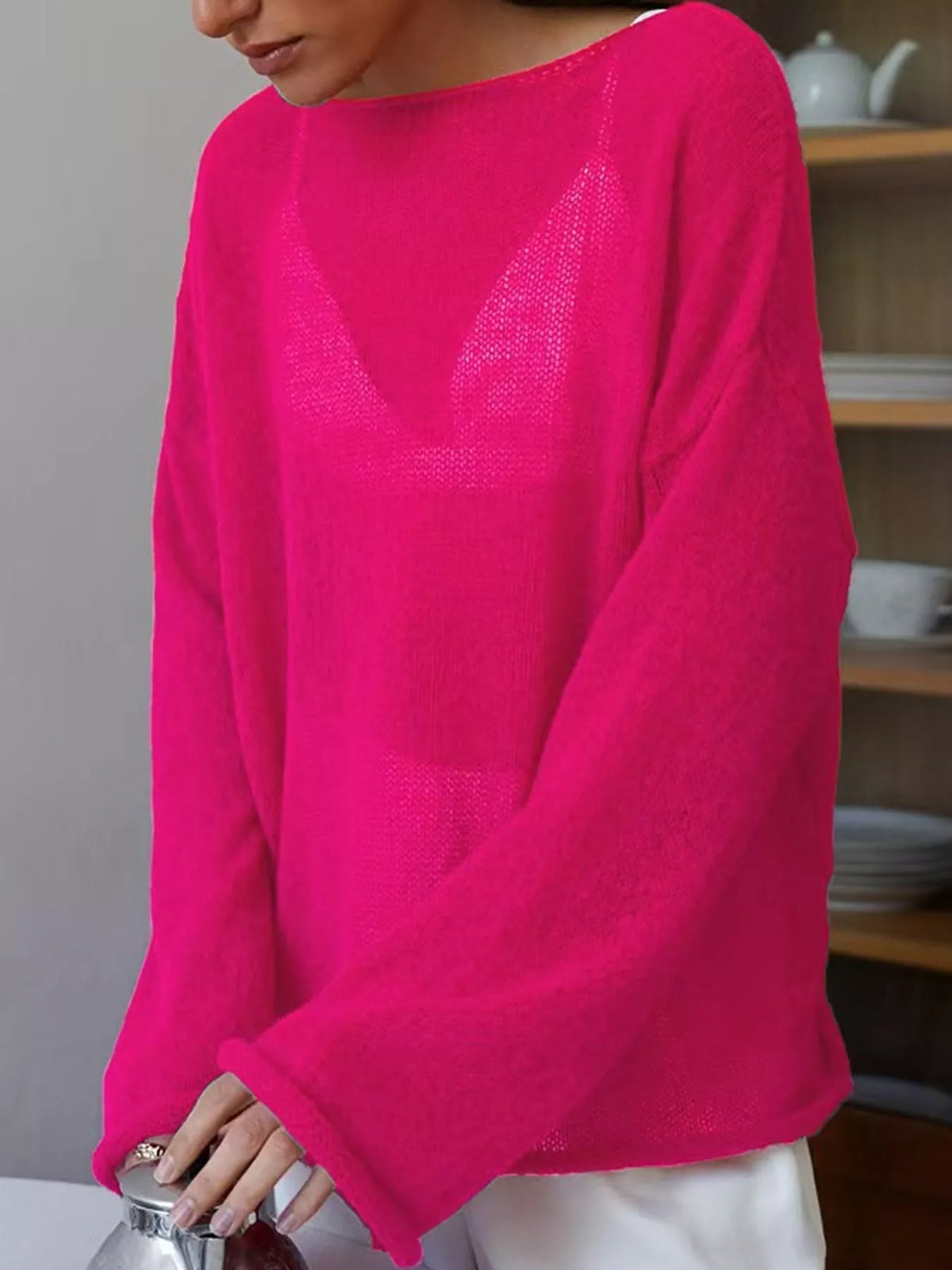 Full Size Sheer Lightweight Knit Top Plus Size - Hot Pink - View 44