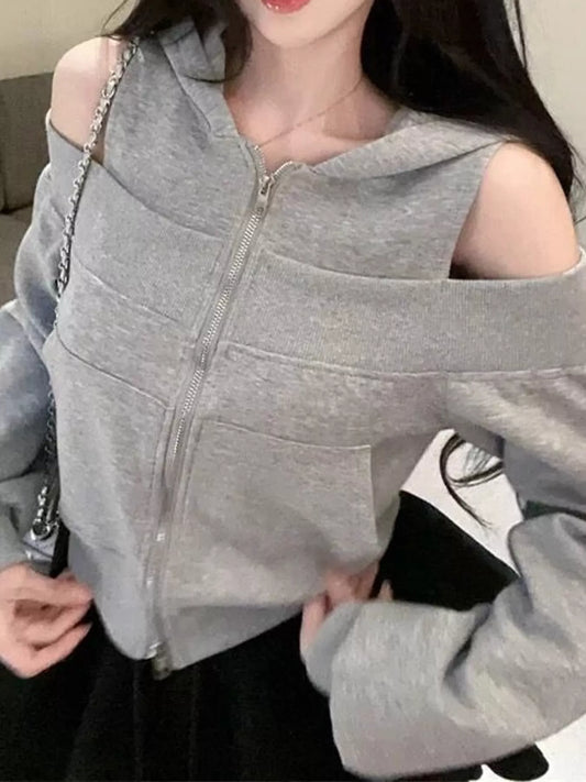 Cold Shoulder Zip-Up Hoodie - Gray - View 1