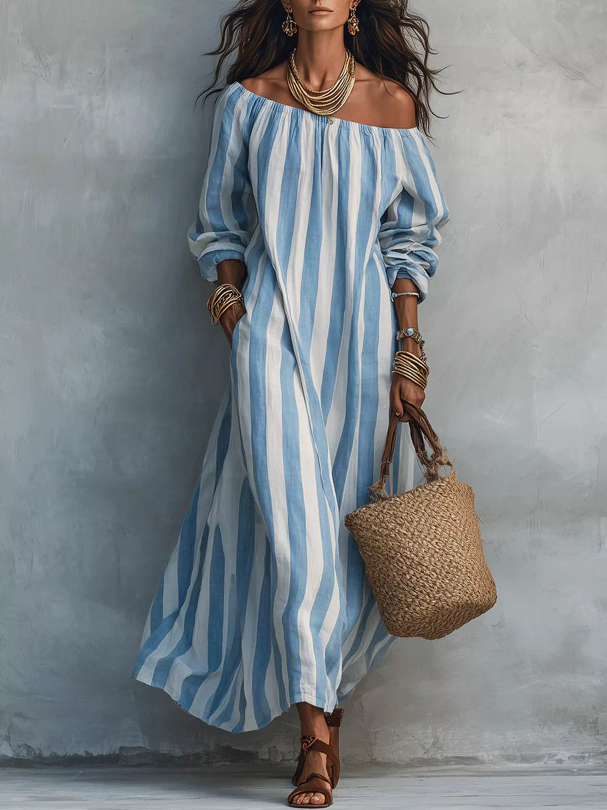 Off-Shoulder Striped Maxi Dress - Light Blue - View 1
