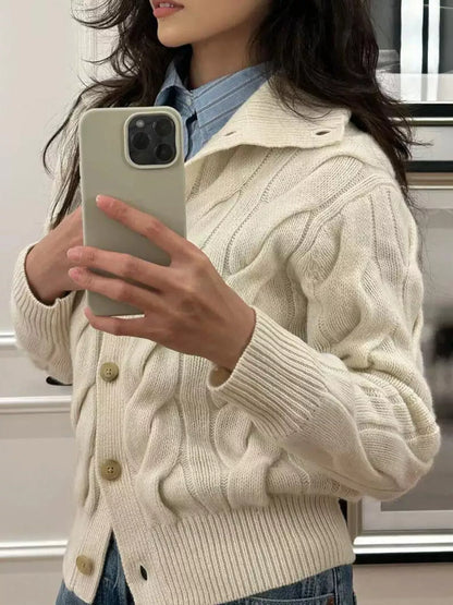 Cable Knit Button Up Cardigan - Baby White - View 4