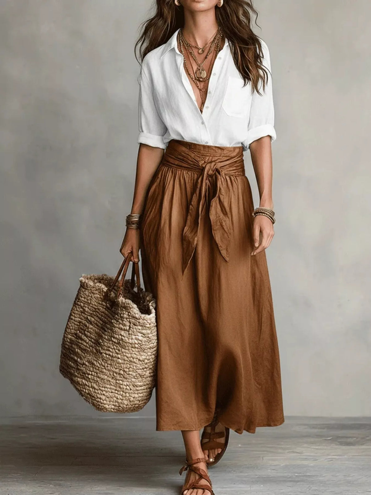 Full Size Button-Down Shirt and Skirt Set Plus Size - Caramel - View 1