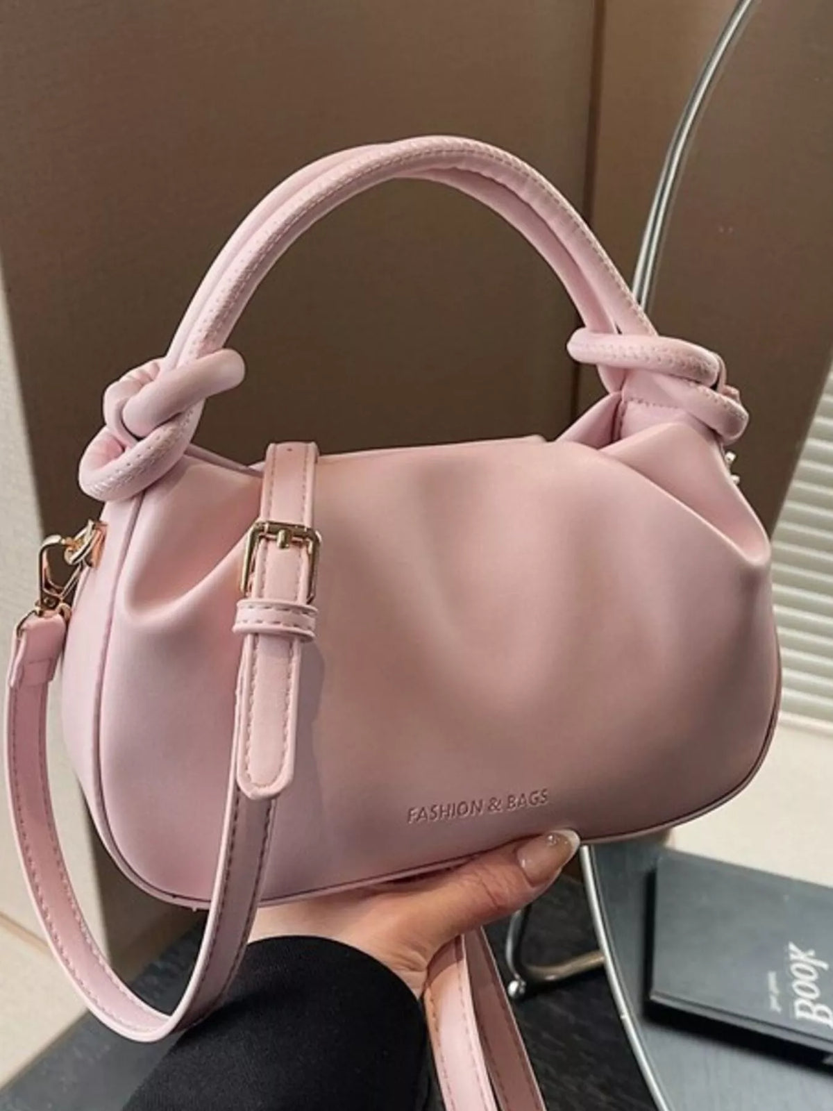 Knot Handle Ruched Crossbody Bag - Pink - View 6