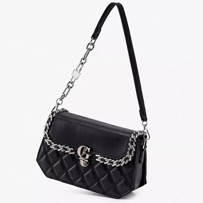 Quilted PU Leather Crossbody Bag with Rhinestone Decor - Black - View 2