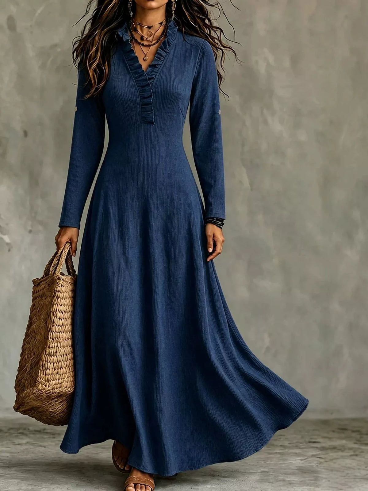 Full Size Frill Roll-Up Sleeve Maxi Dress Plus Size - Dark Blue - View 26