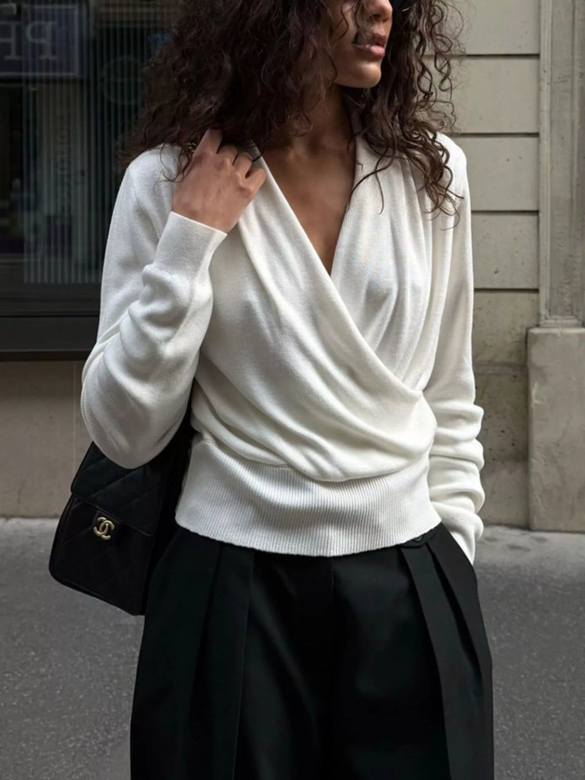 Wrap Front Long Sleeve Sweater - White - View 1