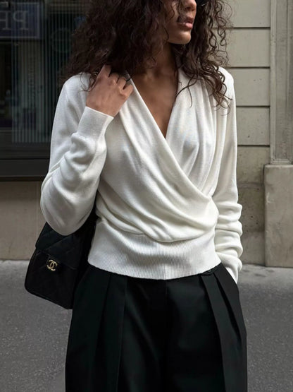 Wrap Front Long Sleeve Sweater - White - View 1