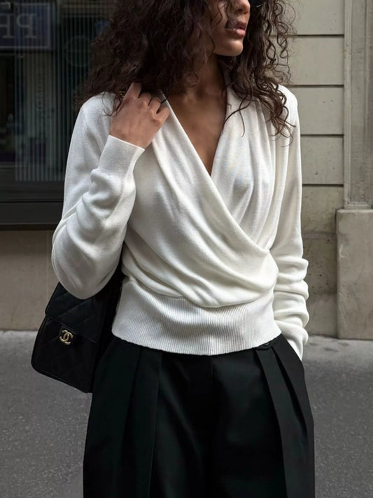Wrap Front Long Sleeve Sweater - White - View 1
