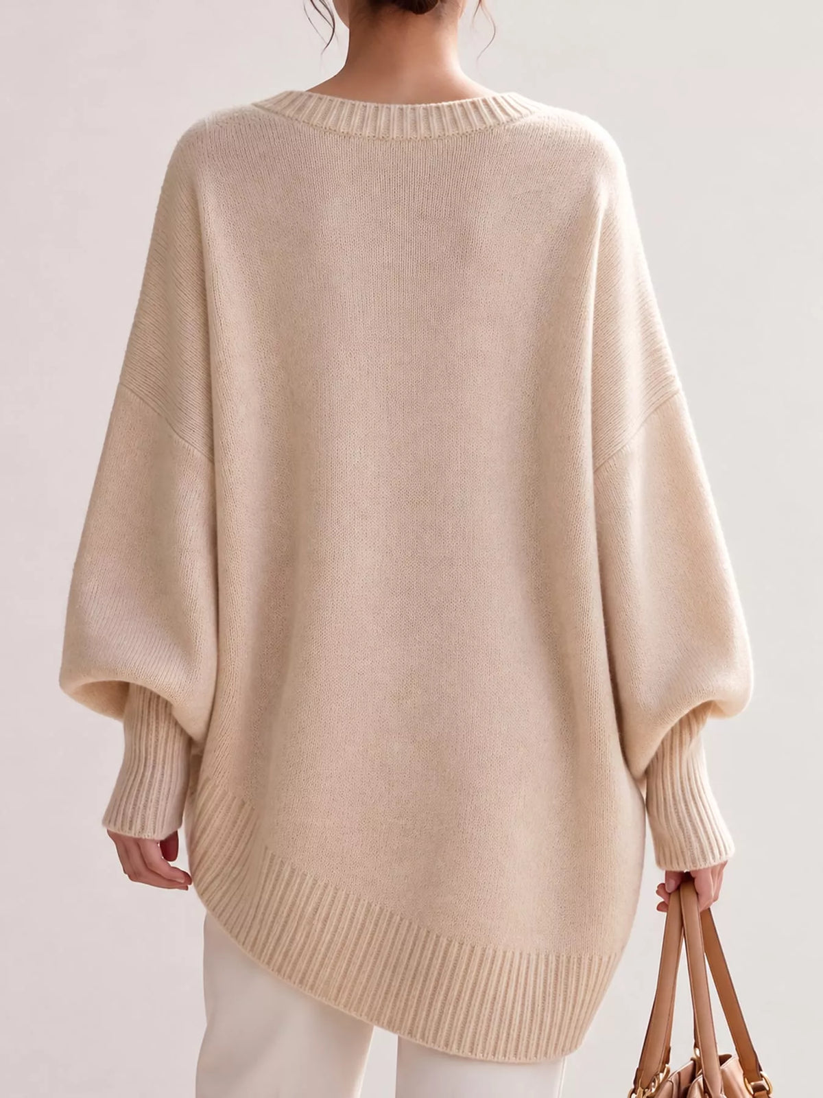 Full Size V-Neck Oversized Batwing Sleeve Sweater Plus Size - Apricot - View 13