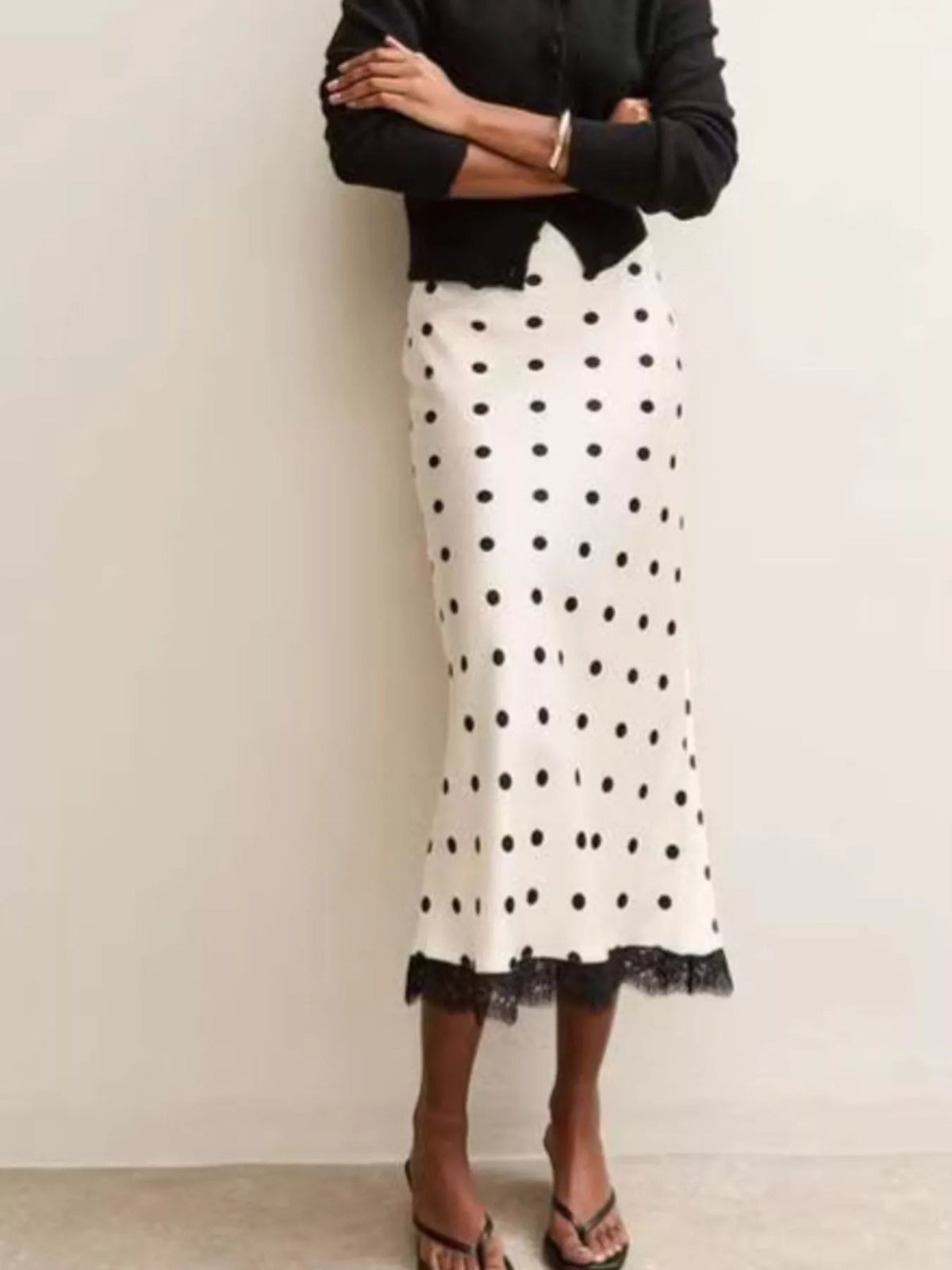 Polka Dot Midi Skirt with Lace Trim - White - View 3