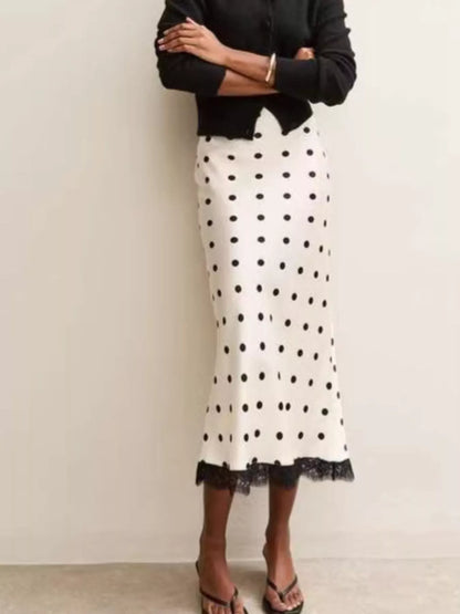 Polka Dot Midi Skirt with Lace Trim - White - View 3