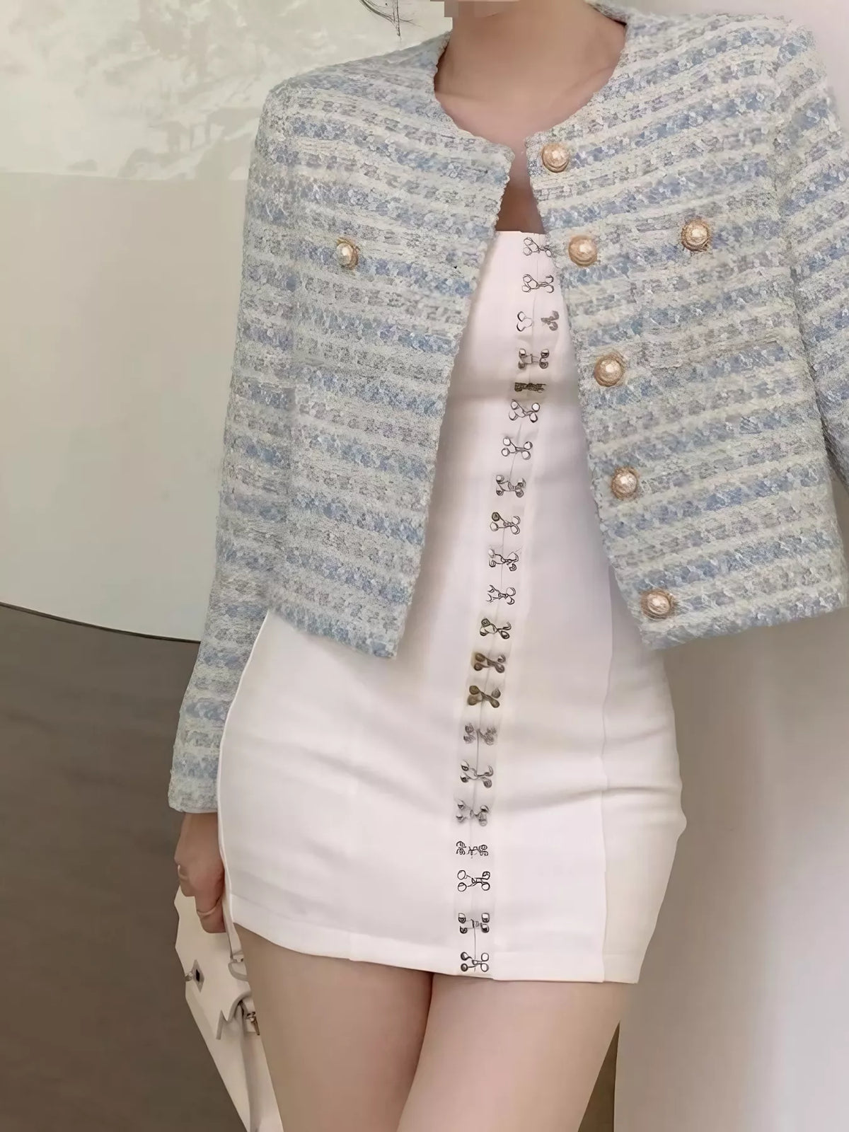 Button Up Cropped Tweed Outerwear - Light Blue - View 4