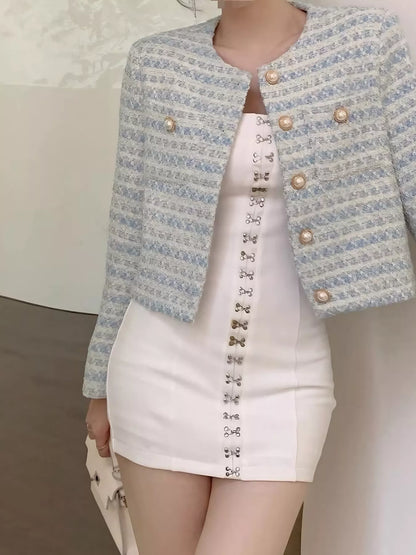 Button Up Cropped Tweed Outerwear - Light Blue - View 4