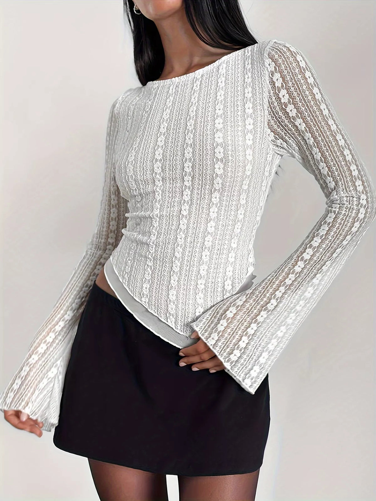 Lace Long Sleeve Blouse with Asymmetrical Hem - White - View 1