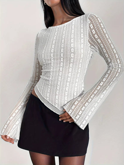 Lace Long Sleeve Blouse with Asymmetrical Hem - White - View 1
