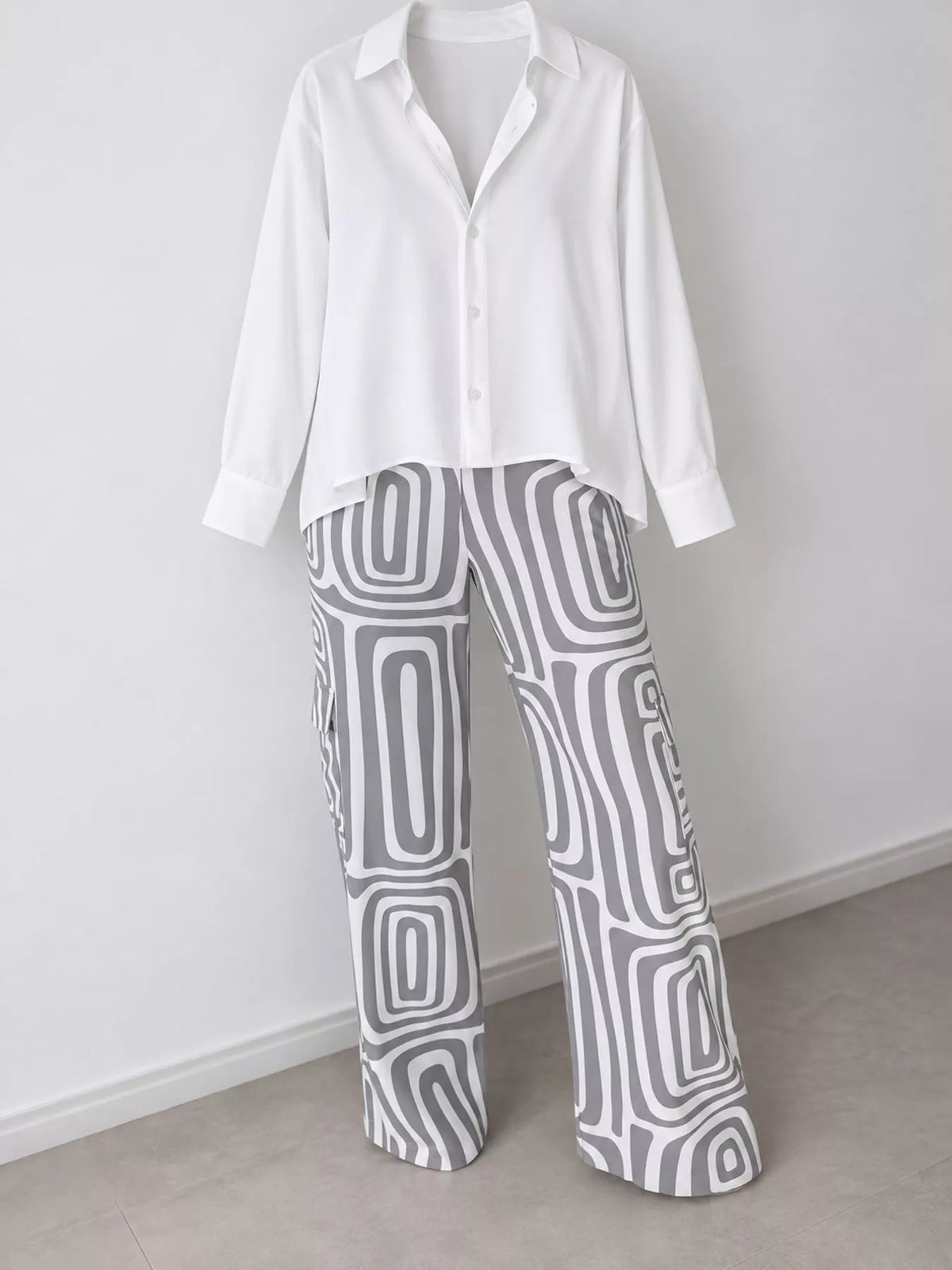 Full Size Chic Button-Down Shirt and Geometric Wide-Leg Pants Set Plus Size - Gray - Set - View 11