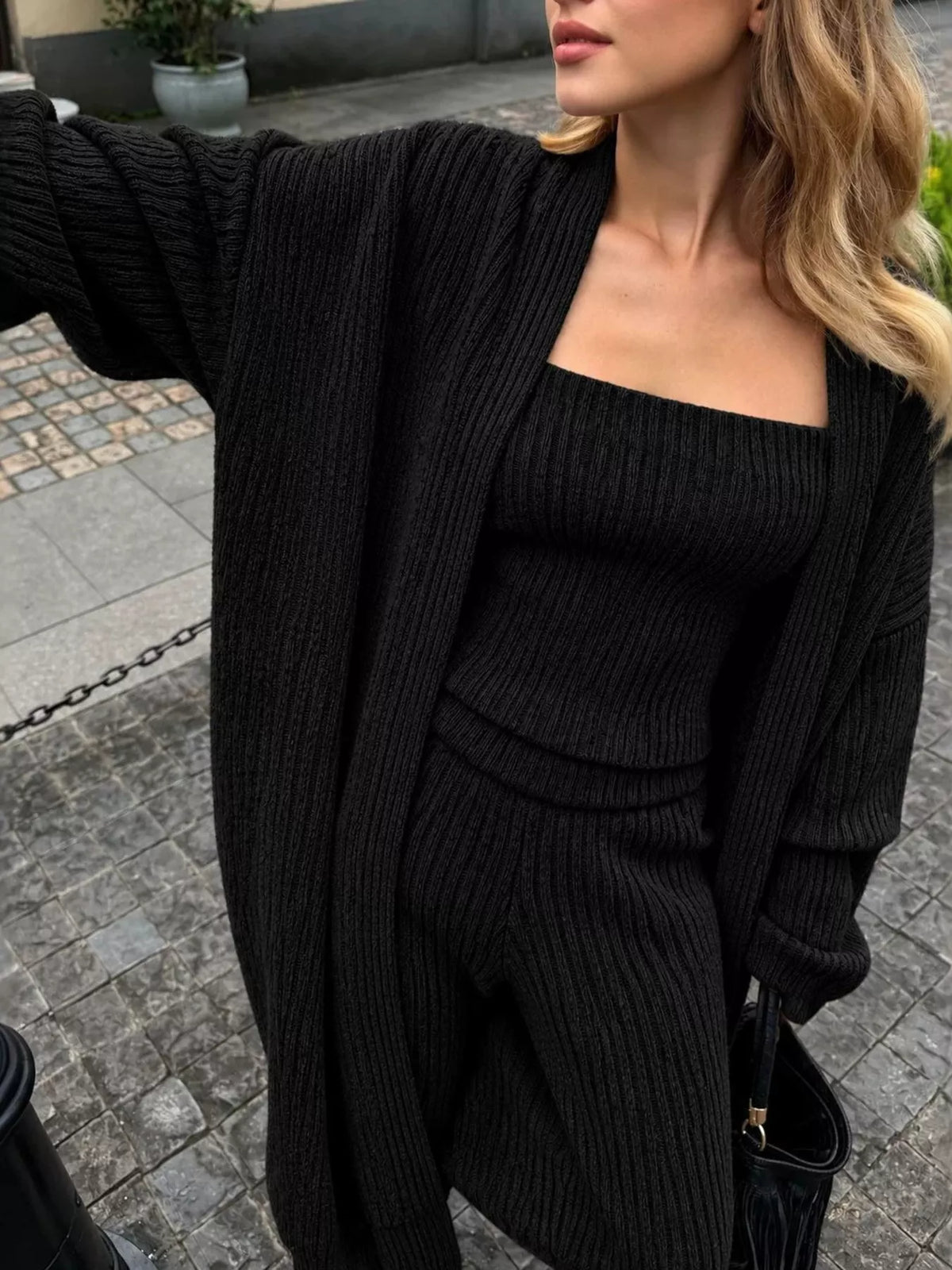 Ribbed Knit Three-Piece Sweater Set - Black - View 4