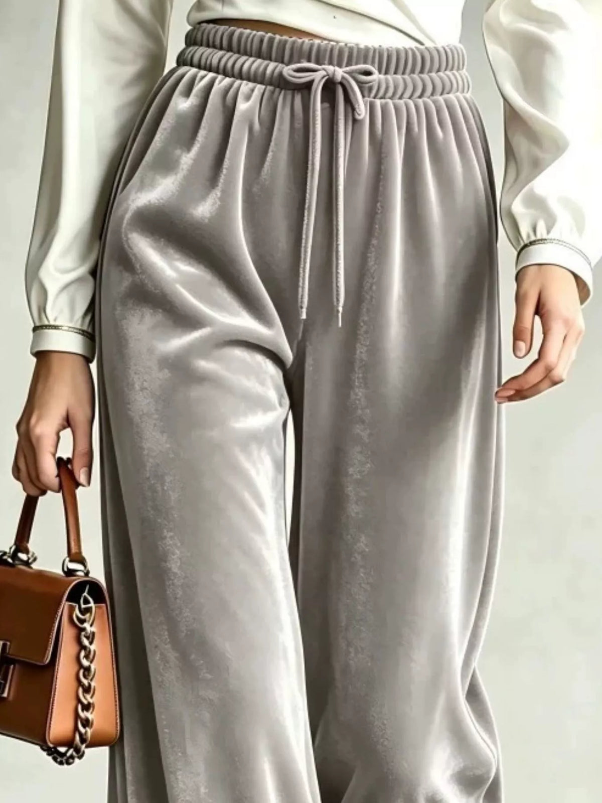 Velvet Wide-Leg Pants with Drawstring - Gray - View 2