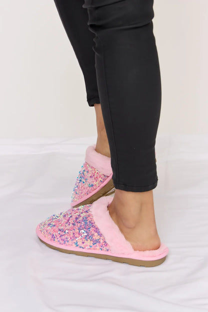 Forever Link Sequin Plush Round Toe Slippers - PINK - View 6