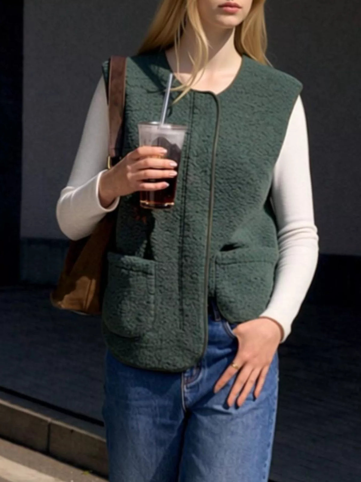 Sherpa Sleeveless Vest Coat - Dark Green - View 14