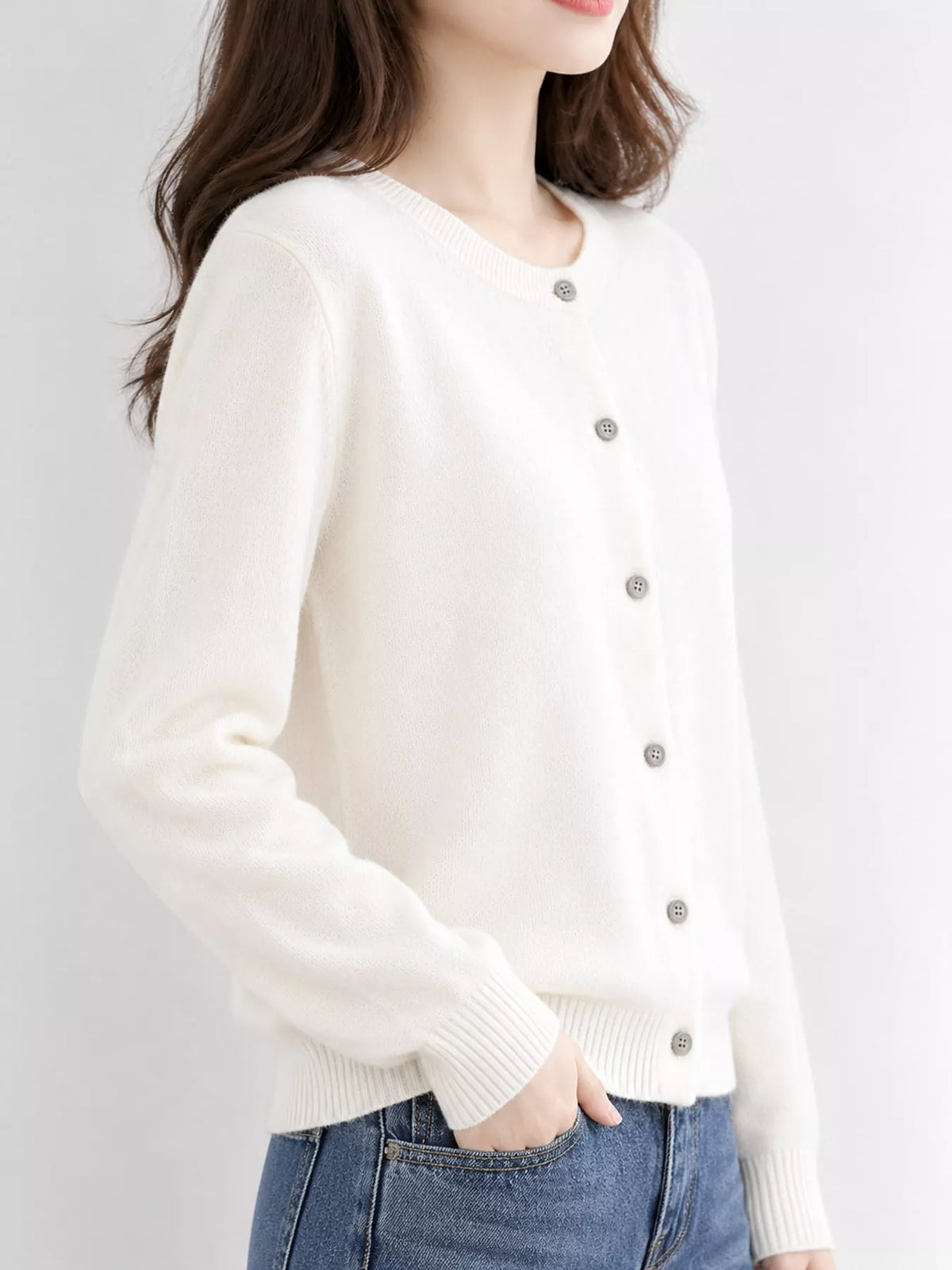 Crew-Neck Button-Down Cardigan - Cream White - View 39