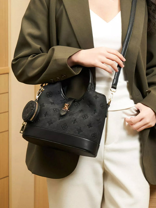 Embossed Crossbody Bag with Detachable Coin Pouch - Black - View 1