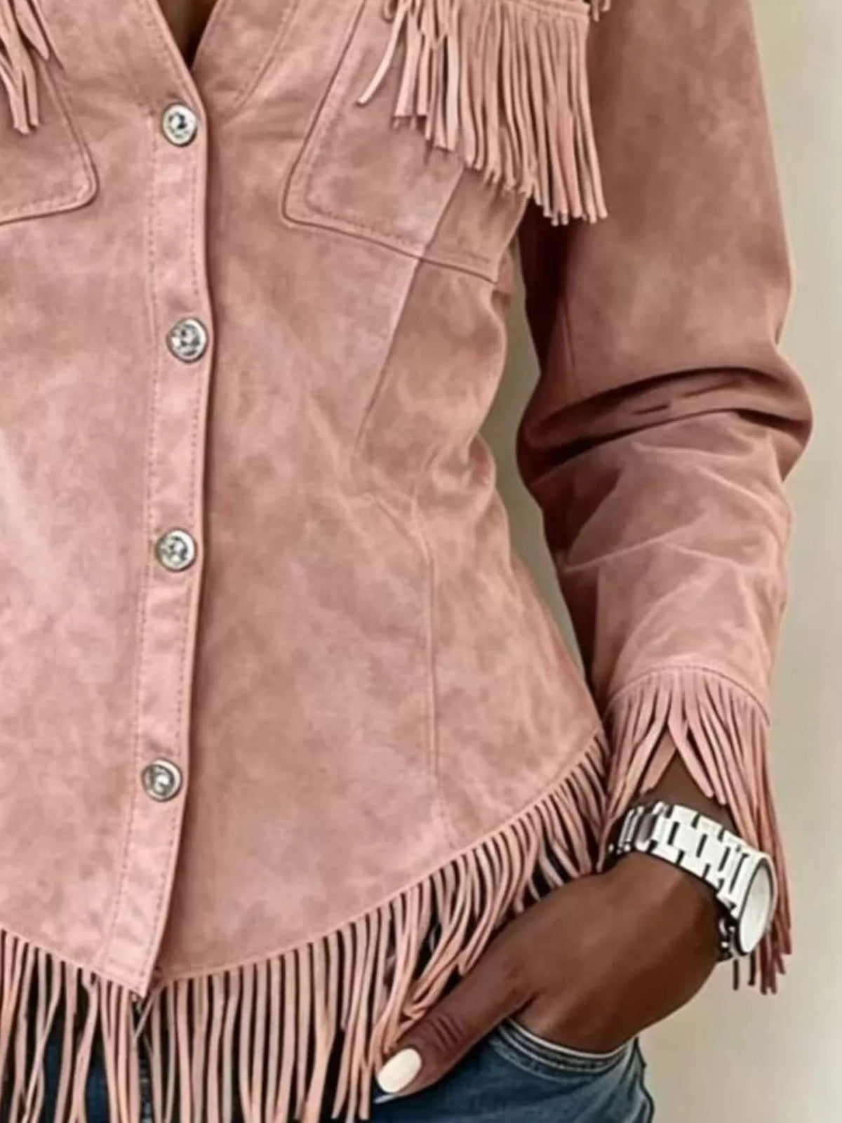 Full Size Fringed Snap Down Jacket Plus Size - Dusty Pink - View 3