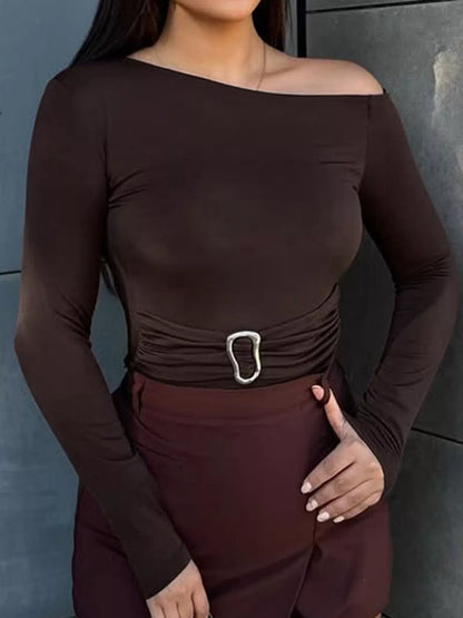 Asymmetrical One-Shoulder Long Sleeve T-Shirt with Metal Buckle Detail - Brown - View 5