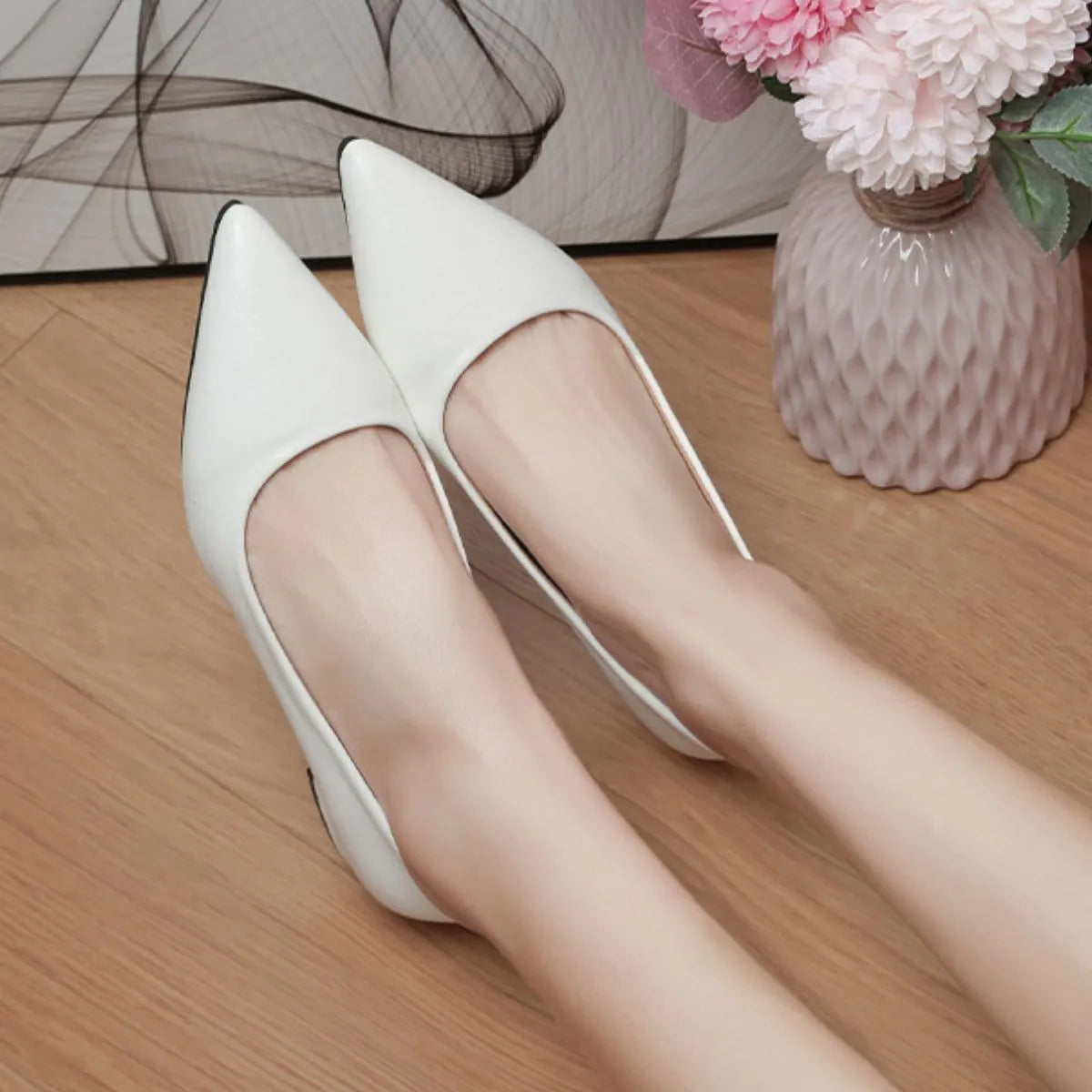 Pointed Toe Low Heel Pump - White - View 9