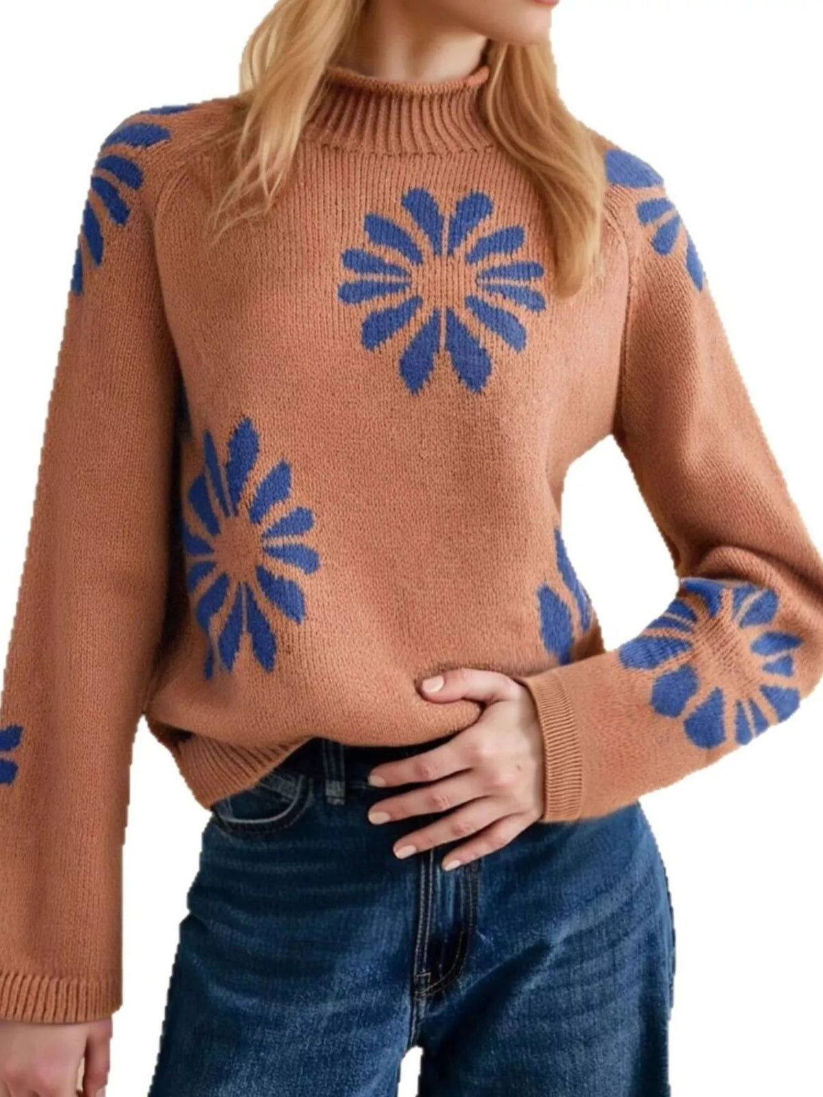 Flower Mock Neck Raglan Sleeve Sweater - Caramel - View 4