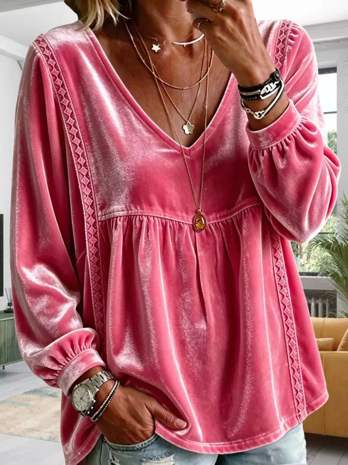 Full Size Velvet Lace Detail V-Neck Blouse Plus Size - Fuchsia Pink - View 21