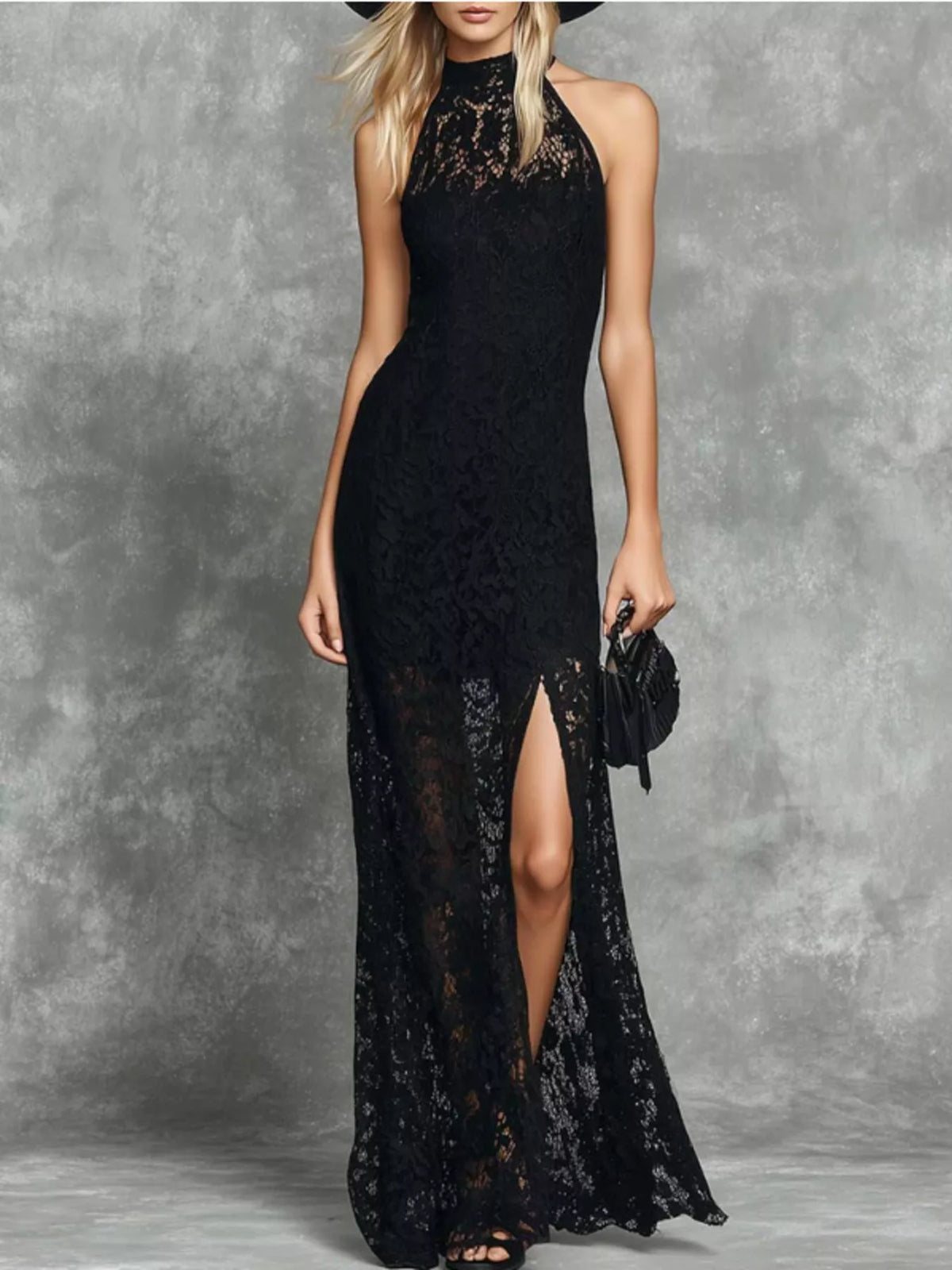 Slit Lace Sleeveless Maxi Dress - Black - View 1
