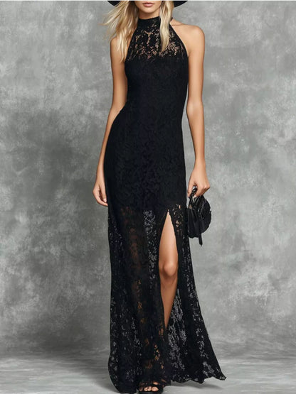Slit Lace Sleeveless Maxi Dress - Black - View 1