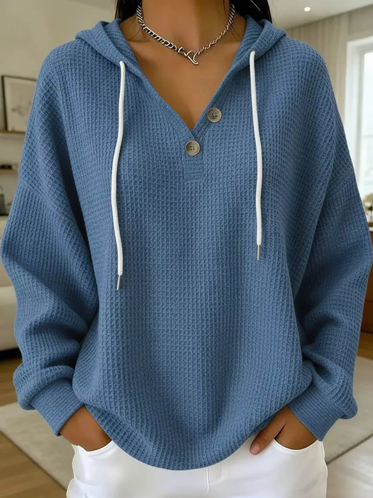Full Size Waffle Knit Button Detail Hoodie Plus Size - Navy Blue - View 45