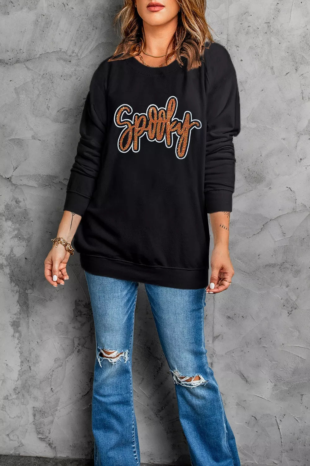 Spooky Rhinestone Drop Shoulder Sweatshirt - Black - View 7