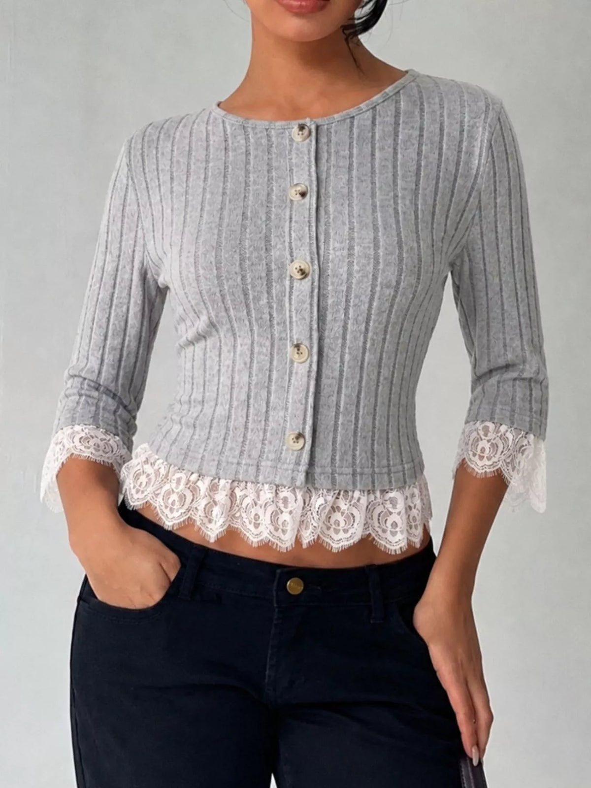 Lace Hem Ribbed Knit Button-Down Top - Gray - View 4