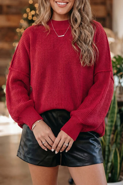 Long Sleeve Ribbed Knit Stand Neck Regular Fit Sweater - Rust - View 2